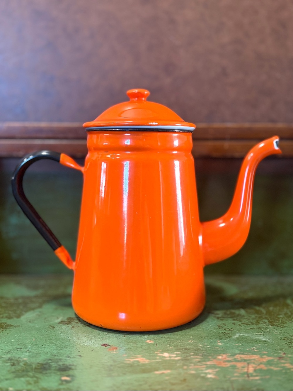 Vintage- 🧡 Bright Orange Enamel Gooseneck Coffee Kettle
